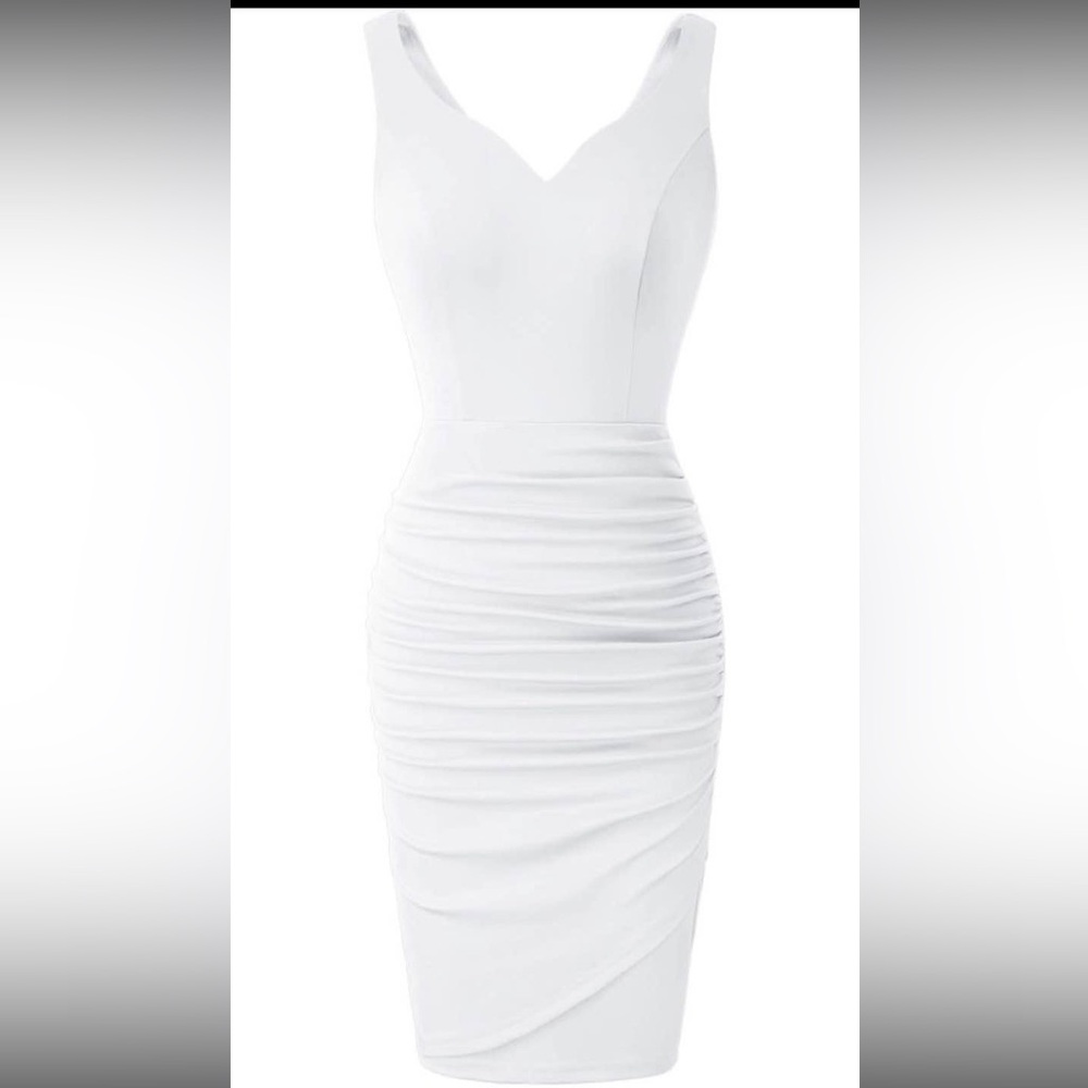 Sleeveless Deep V Neck Ruched Cocktail Pencil Dress